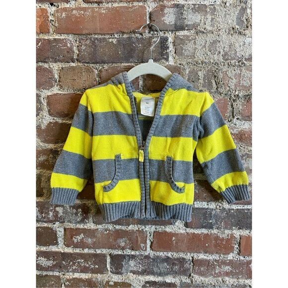 Carter’s Yellow/Gray Striped Hooded Full Zip Cardigan Sweater Baby Size 9 Months - Picture 1 of 3